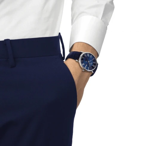 Мъжки ръчен часовник с кварцов механизъм - корпус от Стомана - Естествена кожа - цвят Син Син