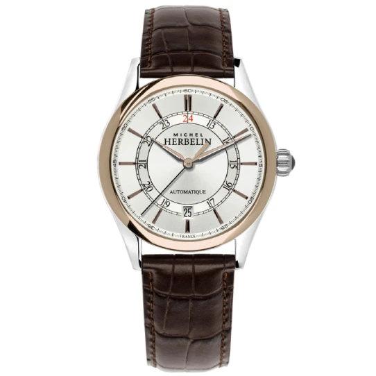 Мъжки ръчен часовник с автоматичен механизъм - корпус от Стомана - Естествена кожа - цвят Бял Кафяв