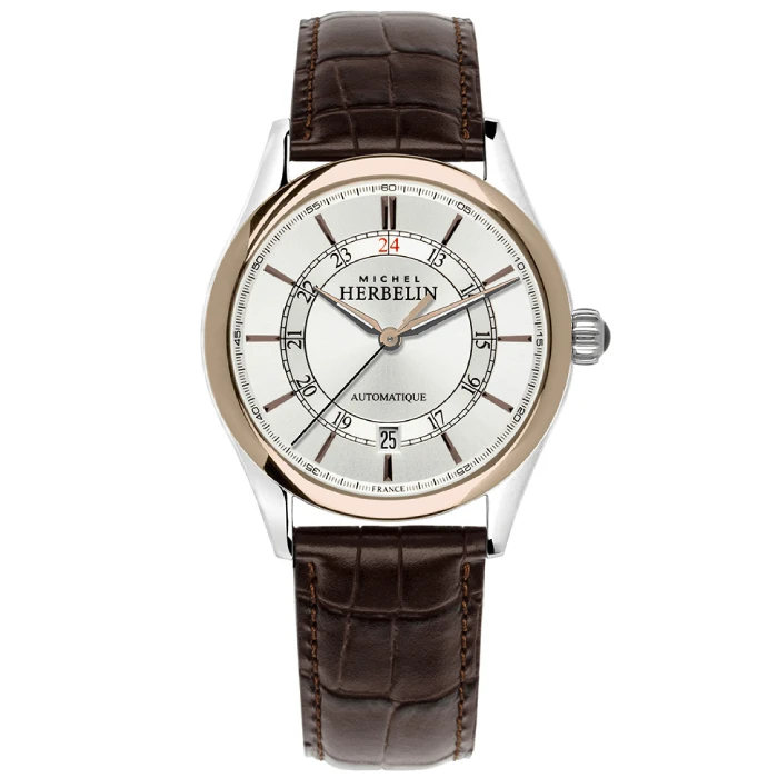 Мъжки ръчен часовник с автоматичен механизъм - корпус от Стомана - Естествена кожа - цвят Бял Кафяв