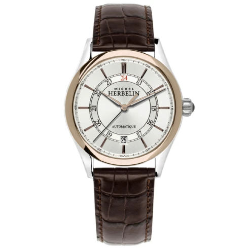 Мъжки ръчен часовник с автоматичен механизъм - корпус от Стомана - Естествена кожа - цвят Бял Кафяв