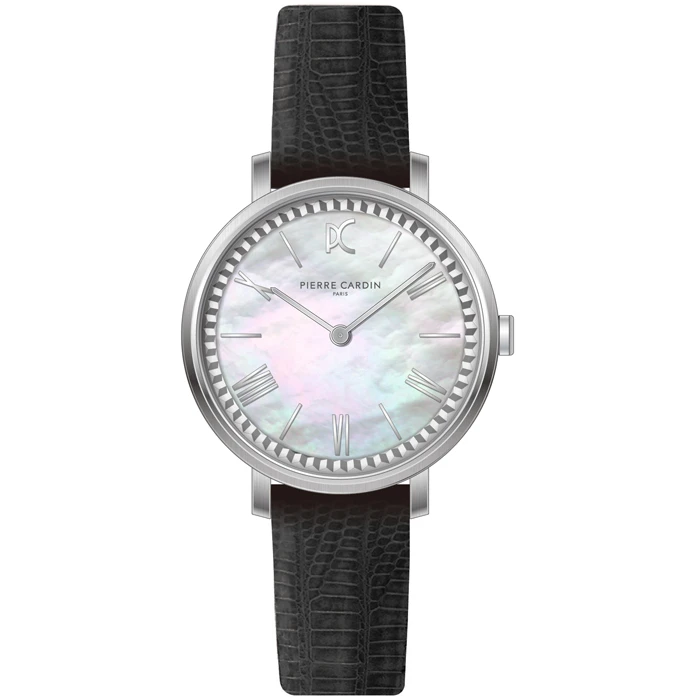 Дамски ръчен часовник с кварцов механизъм - корпус от Стомана - Естествена кожа - цвят Седеф Черен