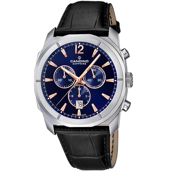 Мъжки ръчен часовник с кварцов механизъм - корпус от Стомана - Естествена кожа - цвят Син Черен