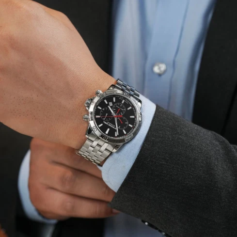 Мъжки ръчен часовник с кварцов механизъм - корпус от Стомана - Стоманена верижка - цвят Черен Сив