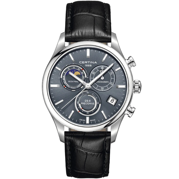 Мъжки ръчен часовник с кварцов механизъм - корпус от Стомана - Естествена кожа - цвят Сив Черен