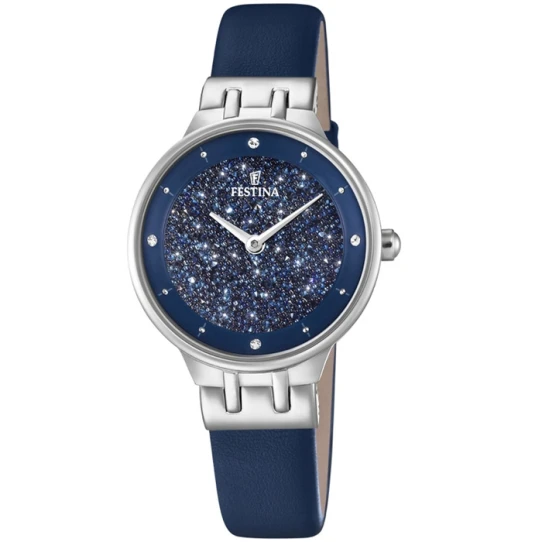 Дамски ръчен часовник с кварцов механизъм - корпус от Стомана - Естествена кожа - цвят Син Син