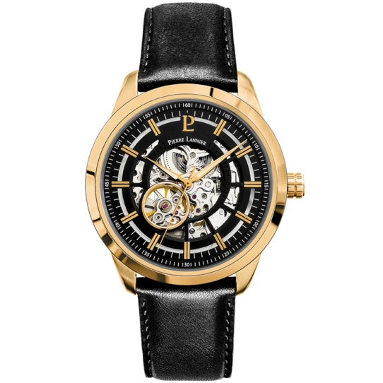 Мъжки ръчен часовник с автоматичен механизъм - корпус от Стомана - Естествена кожа - цвят Скелетон Черен