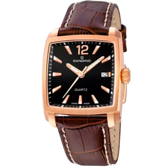 Мъжки ръчен часовник с кварцов механизъм - корпус от Розово злато - Естествена кожа - цвят Черен