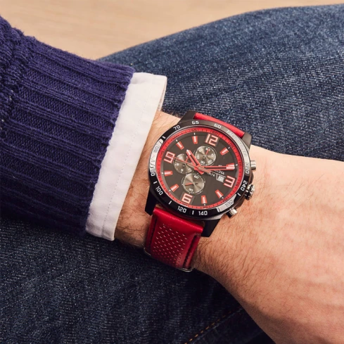 Мъжки ръчен часовник с кварцов механизъм - корпус от Стомана - Естествена кожа - цвят Черен Червен