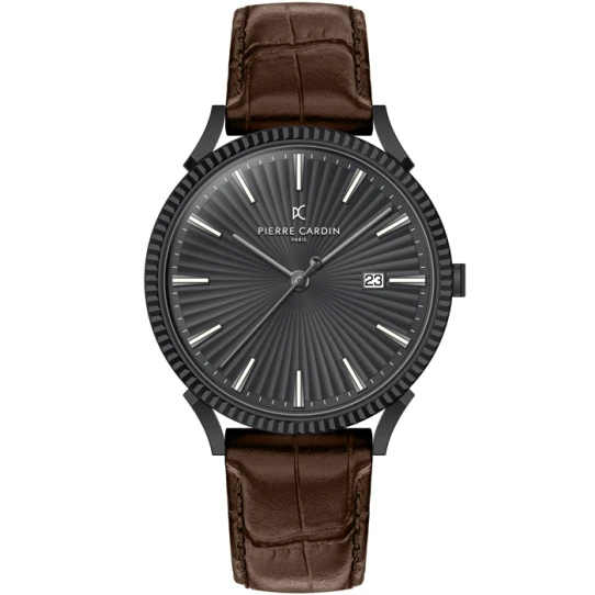 Мъжки ръчен часовник с кварцов механизъм - корпус от Стомана - Естествена кожа - цвят Черен Кафяв