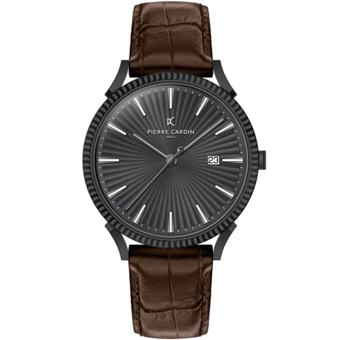 Мъжки ръчен часовник с кварцов механизъм - корпус от Стомана - Естествена кожа - цвят Черен Кафяв