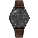 Мъжки ръчен часовник с кварцов механизъм - корпус от Стомана - Естествена кожа - цвят Черен Кафяв