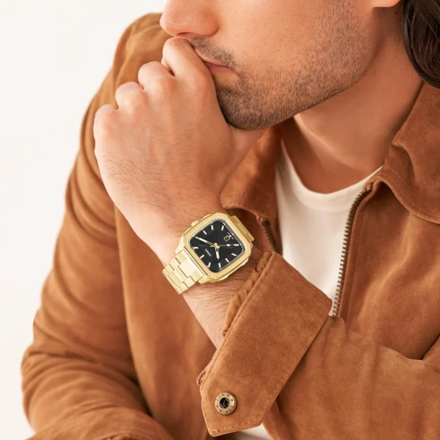 Мъжки ръчен часовник с кварцов механизъм - корпус от Стомана - Стоманена верижка - цвят Черен Злато