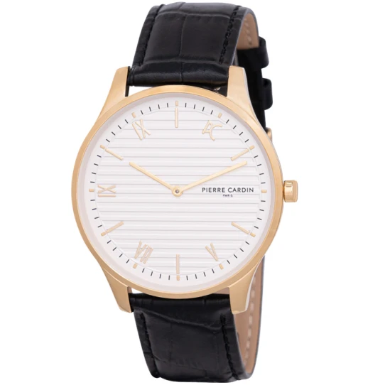 Мъжки ръчен часовник с кварцов механизъм - корпус от Стомана - Естествена кожа - цвят Бял Черен