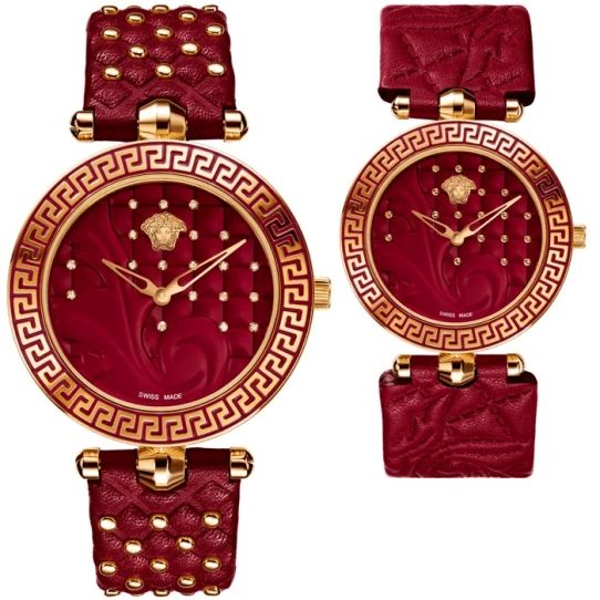 Дамски ръчен часовник с кварцов механизъм - корпус от Стомана - Естествена кожа - цвят Червен Розово Злато