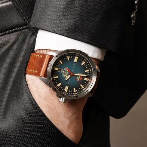 Мъжки ръчен часовник с автоматичен механизъм - корпус от Стомана - Естествена кожа - цвят Син Кафяв