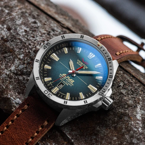 Мъжки ръчен часовник с автоматичен механизъм - корпус от Стомана - Естествена кожа - цвят Син Кафяв