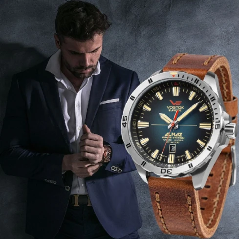 Мъжки ръчен часовник с автоматичен механизъм - корпус от Стомана - Естествена кожа - цвят Син Кафяв