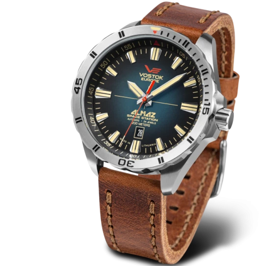 Мъжки ръчен часовник с автоматичен механизъм - корпус от Стомана - Естествена кожа - цвят Син Кафяв