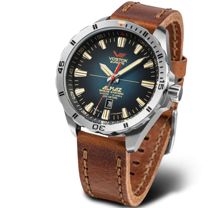 Мъжки ръчен часовник с автоматичен механизъм - корпус от Стомана - Естествена кожа - цвят Син Кафяв