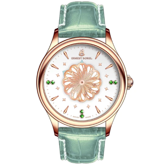 Дамски ръчен часовник с кварцов механизъм - корпус от Стомана - Естествена кожа - цвят Бял Зелен