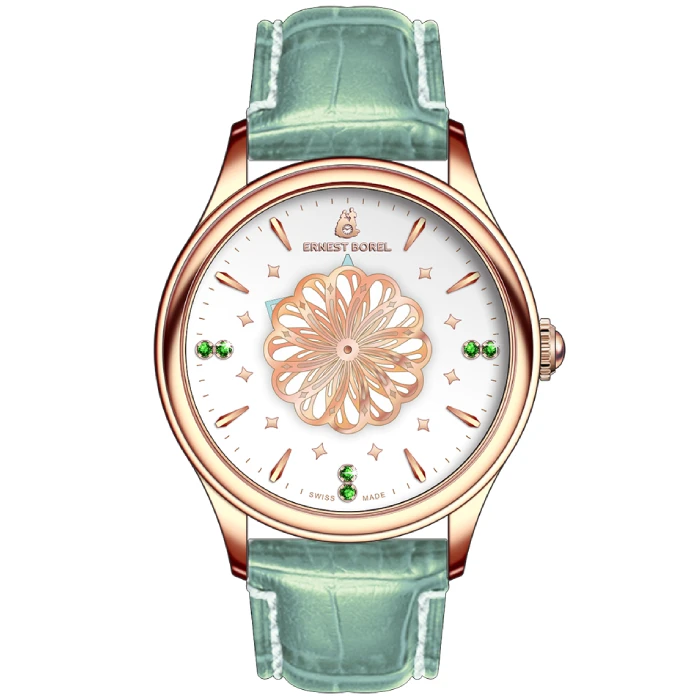 Дамски ръчен часовник с кварцов механизъм - корпус от Стомана - Естествена кожа - цвят Бял Зелен