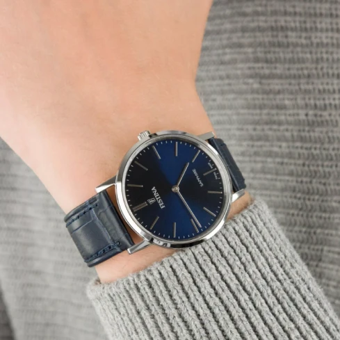 Мъжки ръчен часовник с кварцов механизъм - корпус от Стомана - Естествена кожа - цвят Син Син