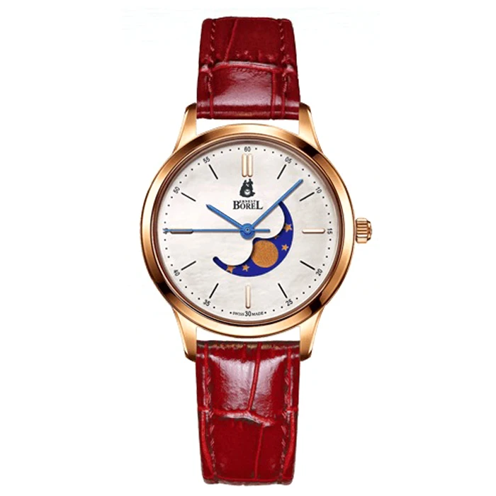 Дамски ръчен часовник с кварцов механизъм - корпус от Стомана - Естествена кожа - цвят Бял Червен