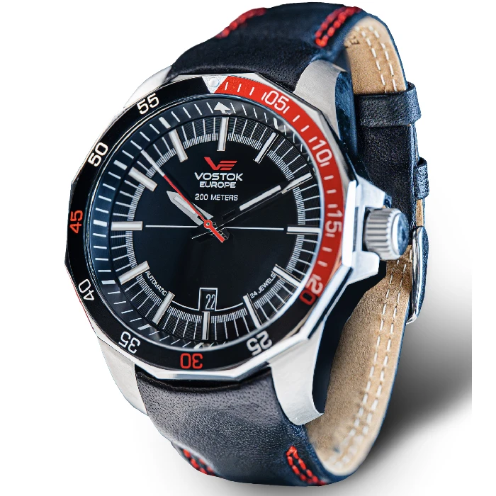 Мъжки ръчен часовник с автоматичен механизъм - корпус от Стомана - Естествена кожа - цвят Черен Червен