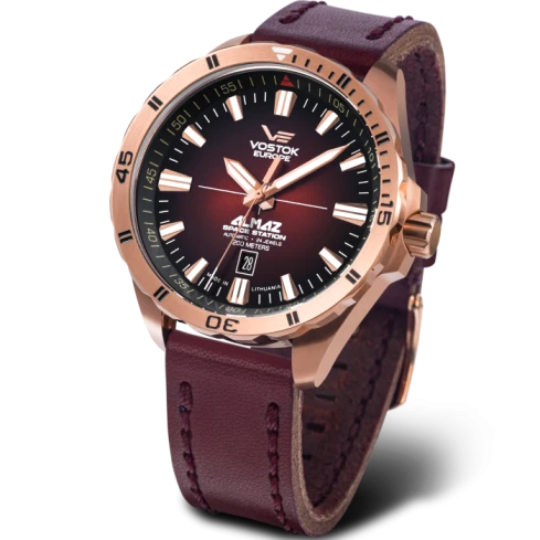 Мъжки ръчен часовник с автоматичен механизъм - корпус от Стомана - Естествена кожа - цвят Червен Червен