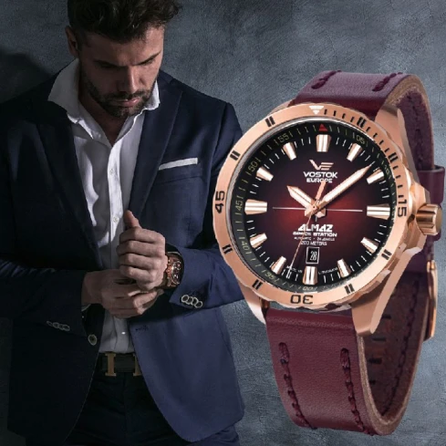 Мъжки ръчен часовник с автоматичен механизъм - корпус от Стомана - Естествена кожа - цвят Червен Червен