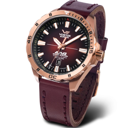 Мъжки ръчен часовник с автоматичен механизъм - корпус от Стомана - Естествена кожа - цвят Червен Червен