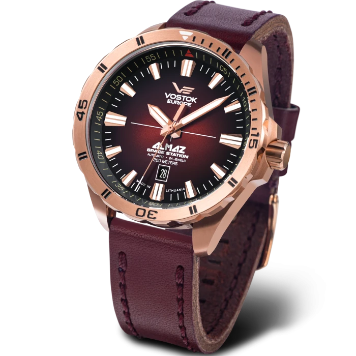 Мъжки ръчен часовник с автоматичен механизъм - корпус от Стомана - Естествена кожа - цвят Червен Червен