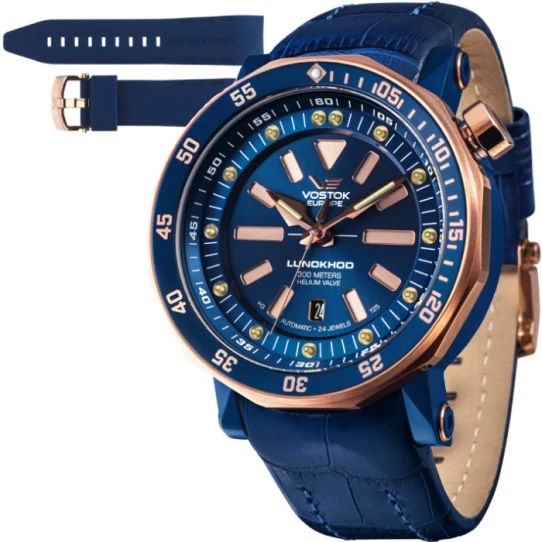 Мъжки ръчен часовник с автоматичен механизъм - корпус от Стомана - Естествена кожа - цвят Син Син