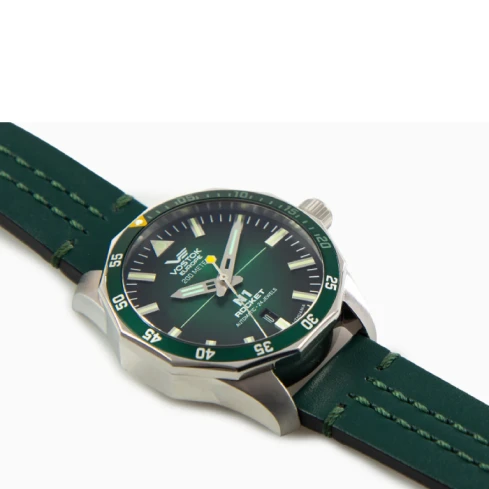 Мъжки ръчен часовник с автоматичен механизъм - корпус от Стомана - Естествена кожа - цвят Зелен Зелен