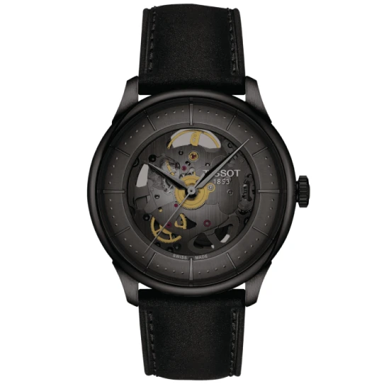 Мъжки ръчен часовник с автоматичен механизъм - корпус от Стомана - Естествена кожа - цвят Скелетон Черен