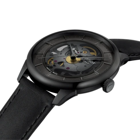 Мъжки ръчен часовник с автоматичен механизъм - корпус от Стомана - Естествена кожа - цвят Скелетон Черен