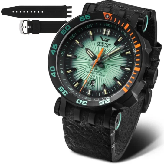 Мъжки ръчен часовник с автоматичен механизъм - корпус от Стомана - Естествена кожа - цвят Зелен Черен