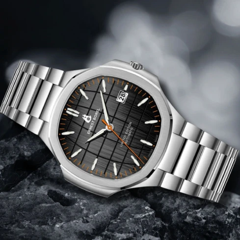 Мъжки ръчен часовник с автоматичен механизъм - корпус от Стомана - Стоманена верижка - цвят Черен Сив