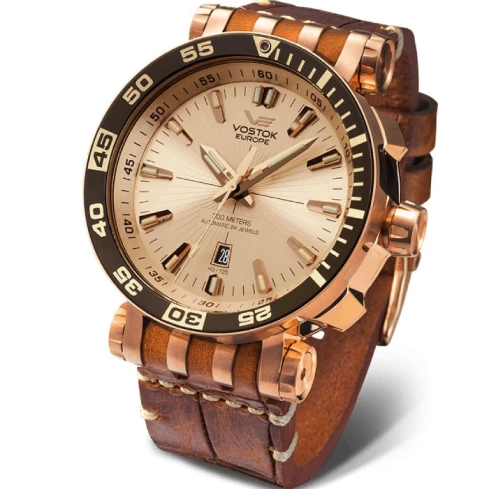 Мъжки ръчен часовник с автоматичен механизъм - корпус от Стомана - Естествена кожа - цвят Злато Кафяв