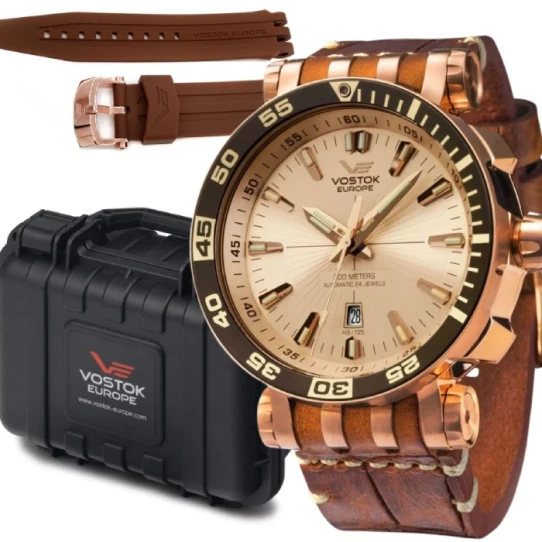 Мъжки ръчен часовник с автоматичен механизъм - корпус от Стомана - Естествена кожа - цвят Злато Кафяв