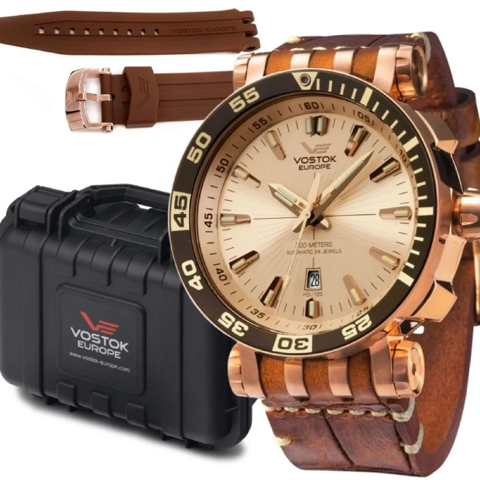 Мъжки ръчен часовник с автоматичен механизъм - корпус от Стомана - Естествена кожа - цвят Злато Кафяв