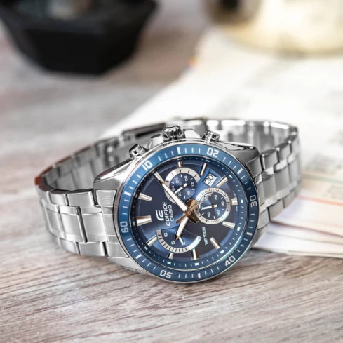 Мъжки ръчен часовник с кварцов механизъм - корпус от Стомана - Стоманена верижка - цвят Син Сив