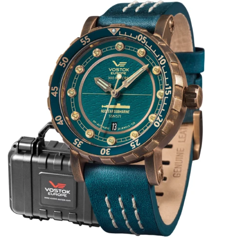 Мъжки ръчен часовник с автоматичен механизъм - корпус от Бронз - Естествена кожа - цвят Зелен Зелен