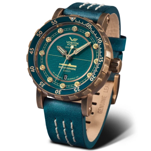 Мъжки ръчен часовник с автоматичен механизъм - корпус от Бронз - Естествена кожа - цвят Зелен Зелен