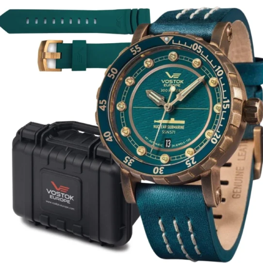 Мъжки ръчен часовник с автоматичен механизъм - корпус от Бронз - Естествена кожа - цвят Зелен Зелен