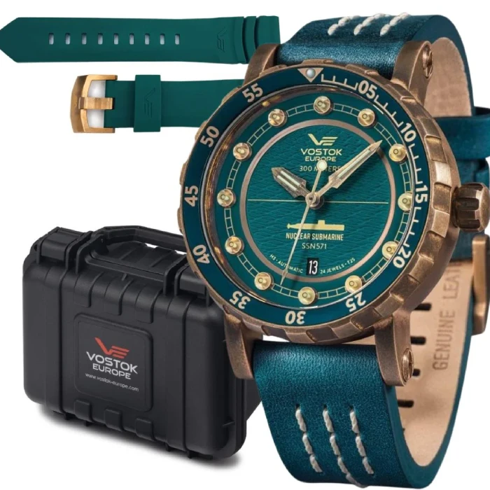 Мъжки ръчен часовник с автоматичен механизъм - корпус от Бронз - Естествена кожа - цвят Зелен Зелен