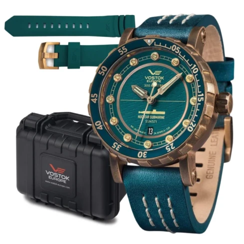 Мъжки ръчен часовник с автоматичен механизъм - корпус от Бронз - Естествена кожа - цвят Зелен Зелен