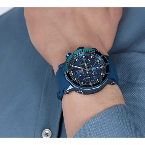 Мъжки ръчен часовник с кварцов механизъм - корпус от Стомана - Силиконова каишка - цвят Син Син