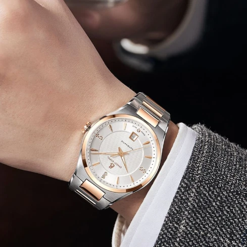 Мъжки ръчен часовник с автоматичен механизъм - корпус от Стомана - Стоманена верижка - цвят Сребрист Розово Злато