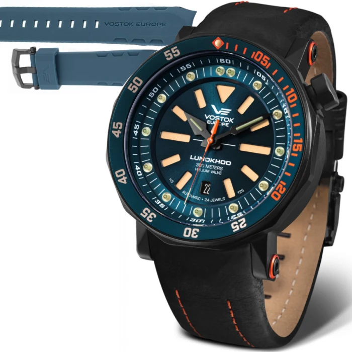 Мъжки ръчен часовник с автоматичен механизъм - корпус от Стомана - Естествена кожа - цвят Син Черен